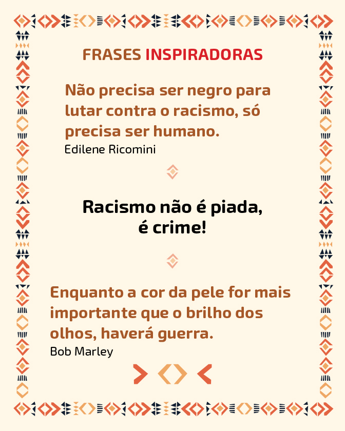 Descrição: Imagem com fundo em tom bege.A página é emoldurada por uma borda com padrões geométricos em vermelho, preto e tons de bege. Na parte superior, está o título em destaque: “Grandes nomes da luta e da cultura negra”. “Machado de Assis: um dos maiores escritores da literatura mundial, ao lado de Shakespeare, Dante e Camões. Sueli Carneiro: filósofa e ativista, grande liderança do movimento negro no Brasil. Michelle Obama: ex-primeira-dama negra dos Estados Unidos, defensora da educação e da igualdade. João Cândido: líder da Revolta da Chibata, lutou contra os castigos físicos aos marinheiros mesmo após o fim da escravidão. Mestre Didi: escultor, escritor, pesquisador da língua iorubá e sacerdote do culto dos ancestrais.” Na parte inferior direita, há um desenho de uma mulher de pele preta com cabelos longos e ondulados, vestindo uma blusa e um casaco azuis. Acima do desenho, está escrito à mão: “Michelle Obama”.