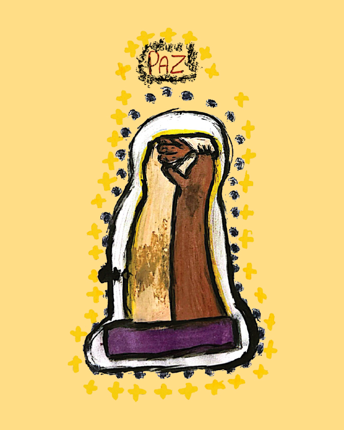 Descrição: Imagem com fundo em tom amarelo.No centro, há uma ilustração de dois braços em tons de pele diferentes, levantados e com os punhos fechados. Ao redor da imagem, há um contorno branco com detalhes em preto e pequenos símbolos em amarelo. Na parte superior, acima dos punhos, está a palavra “PAZ”, escrita dentro de um contorno. Na parte inferior da ilustração, há uma base em tom roxo.